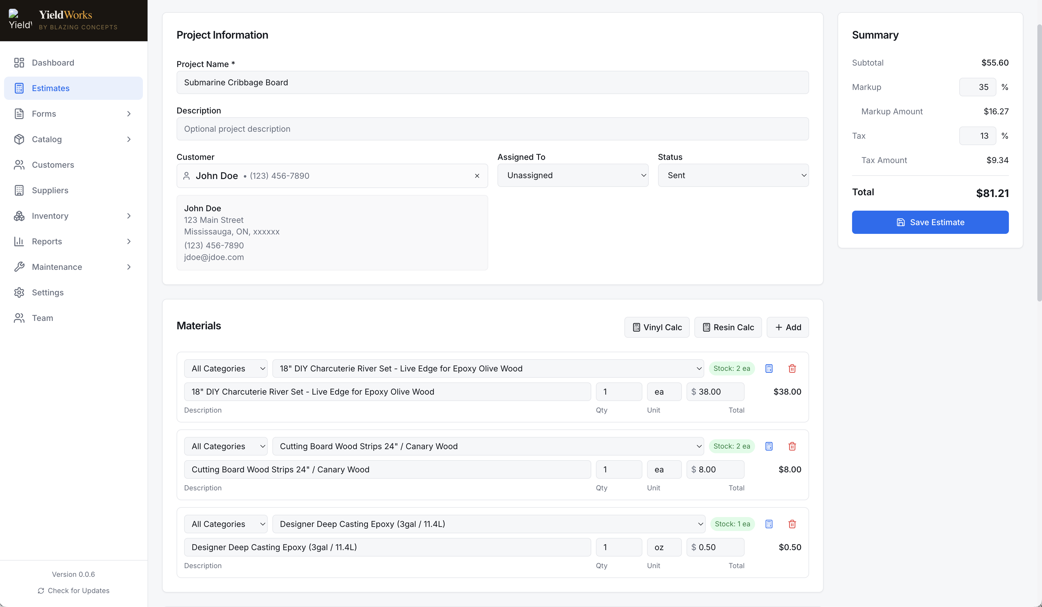 Estimates screen