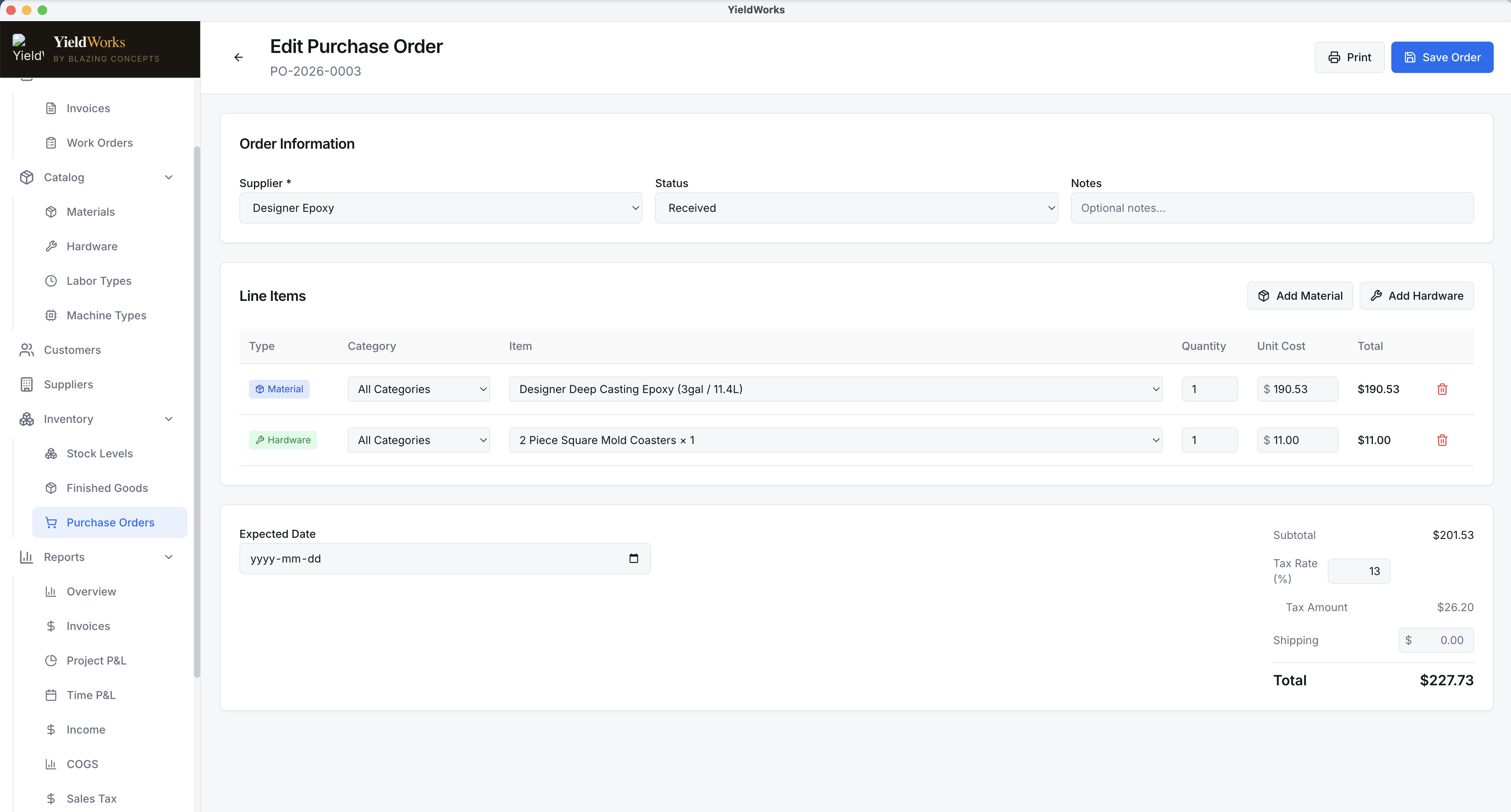 Purchase orders and procurement screenshot
