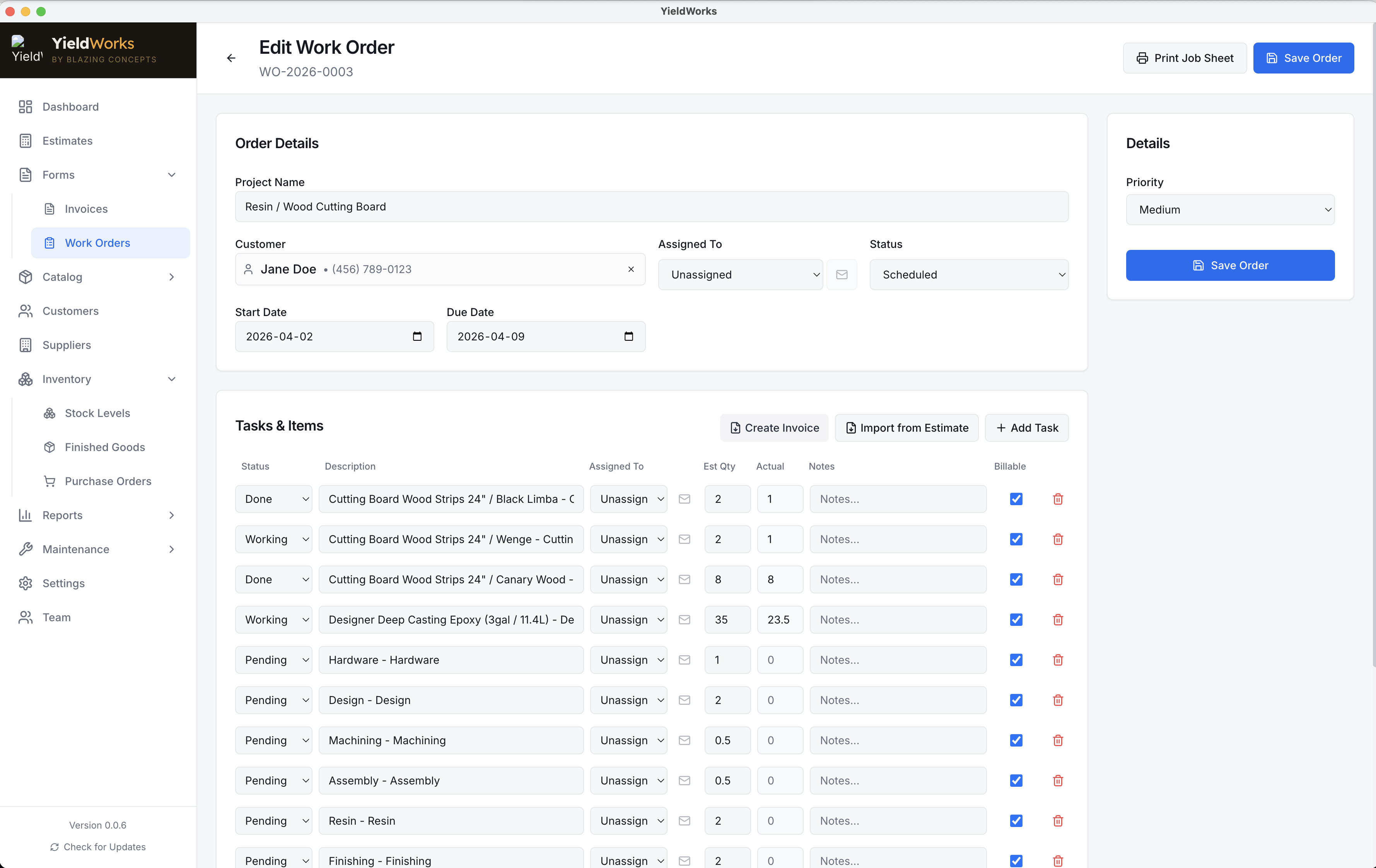 Work orders screen